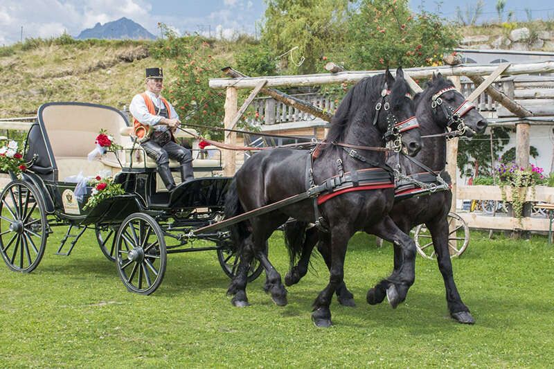 Hochzeitskutsche mit schwarzen Pferden vom Postkutscherhof