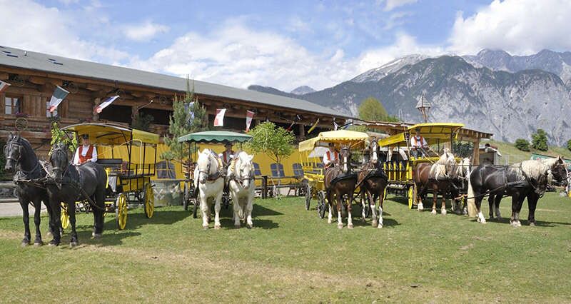 Stagecoaches with horses at the Postkutscherhof in Axams